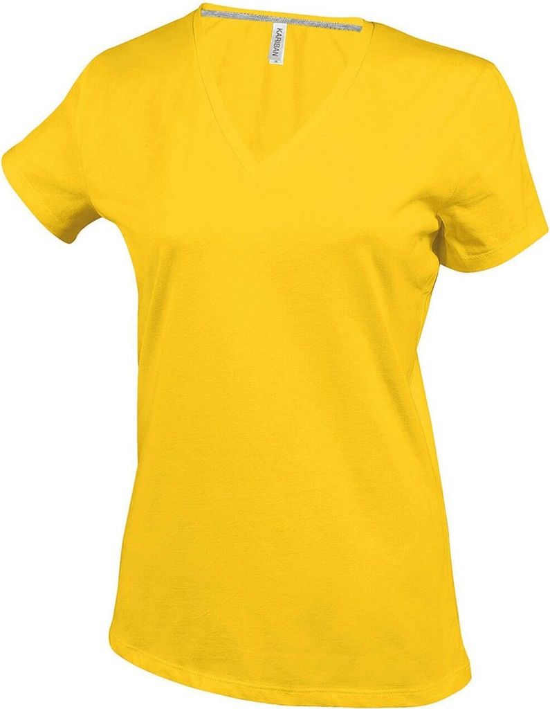 Kariban Damen T-Shirt V-Neck Kurzarm V-Ausschnitt Shirts Baumwolle Tee, Größe:XL, Farbe:Gelb