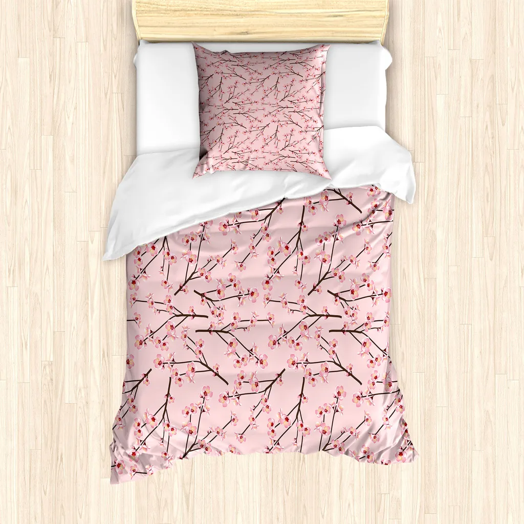Set copripiumino ABAKUHAUS per letti singoli, rami di momo giapponese, antiacaro, adatto a chi soffre di allergie, con federa, 135 cm x 200 cm - 80 x 80 cm, rosa e cacao scuro - 1