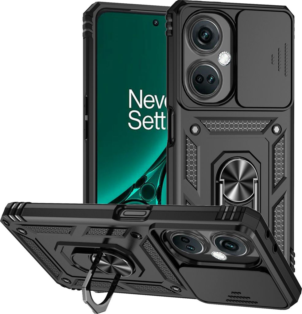 OnePlus Nord CE3 Hülle mit Schiebe Kamera Schutz und Ringhalter Ständer Schutzhülle für OnePlus Nord CE3 Schwarz