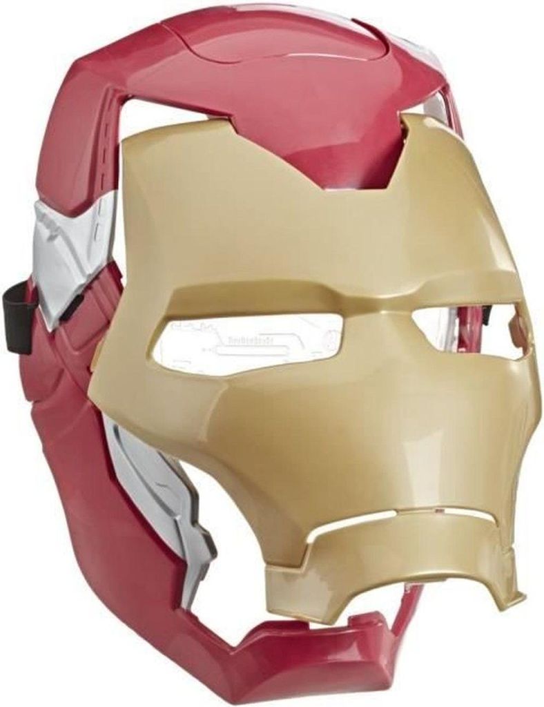 A close-up, front-facing view of an Iron Man mask.