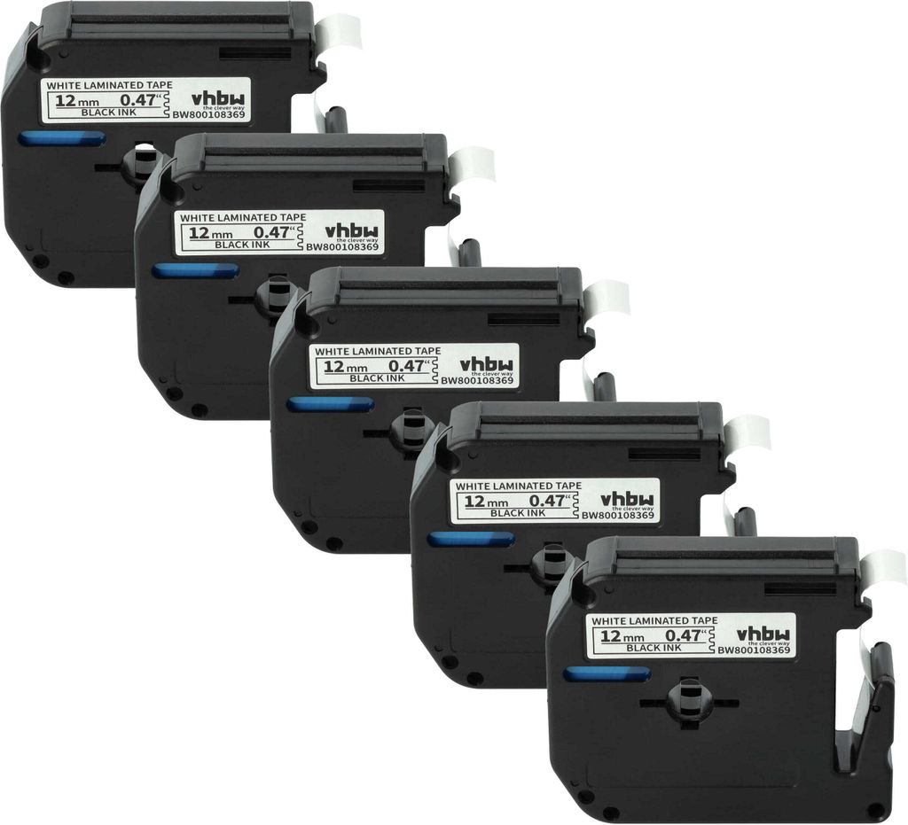 vhbw 5x Schriftband-Kassette kompatibel mit Brother P-Touch 80SCCP, BB4, 90, H100, 80, 85 Etiketten-Drucker 8m x 12mm Schwarz auf Weiß, Kunststoff