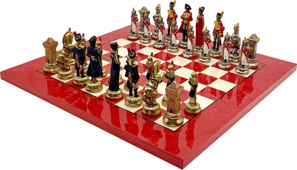 Italienisches Set Napaleon Handgefertigt 10Cm + Schachbrett Holz Weiss/Rot 42