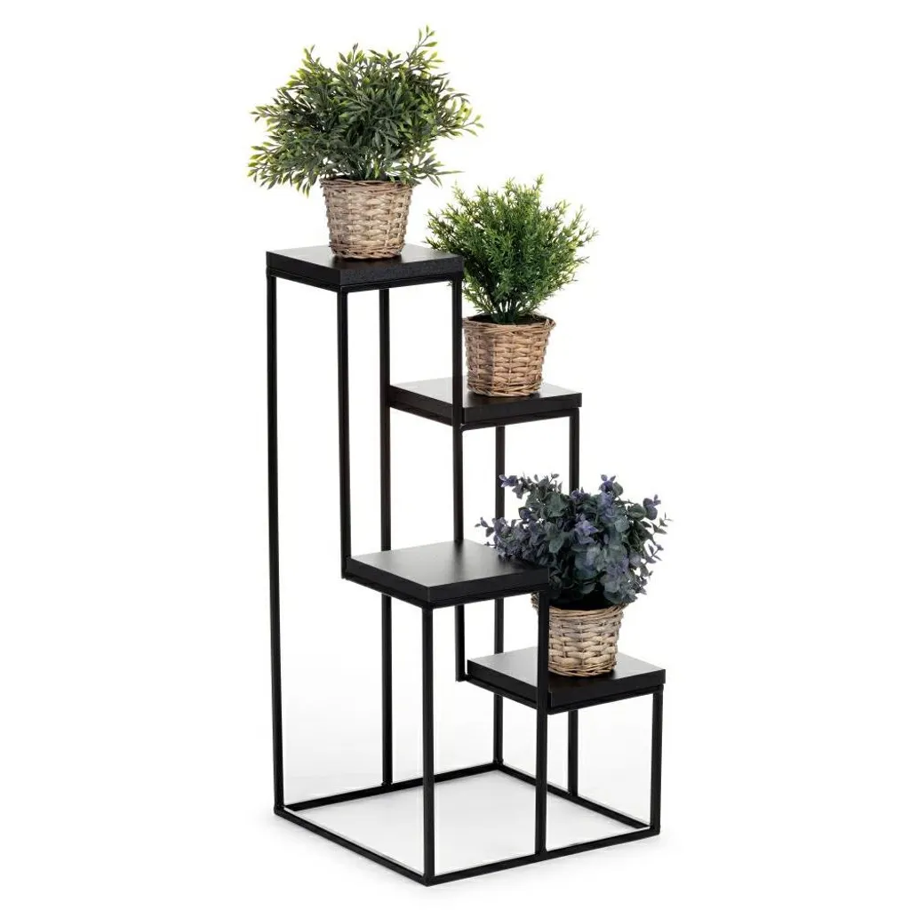 Porte-plante Escalier en Métal et Bois Noir 70 cm pour Déco Intérieure