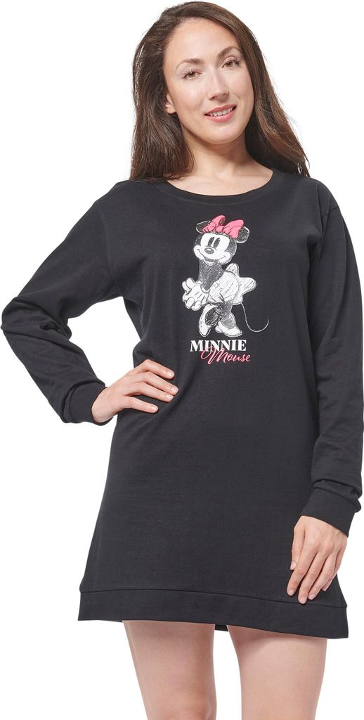 Disney Minnie Mouse Nachthemd für Damen - Schlafshirt Pyjama Langarm Oberteil Schwarz S