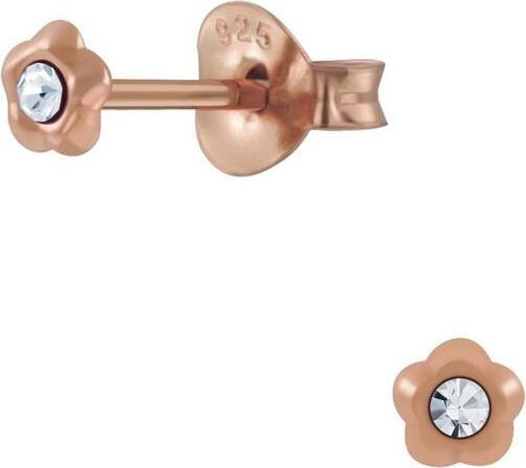 Ohrstecker Blümchen mit rem Kristall 3mm Rosegold 925 Silber Damen