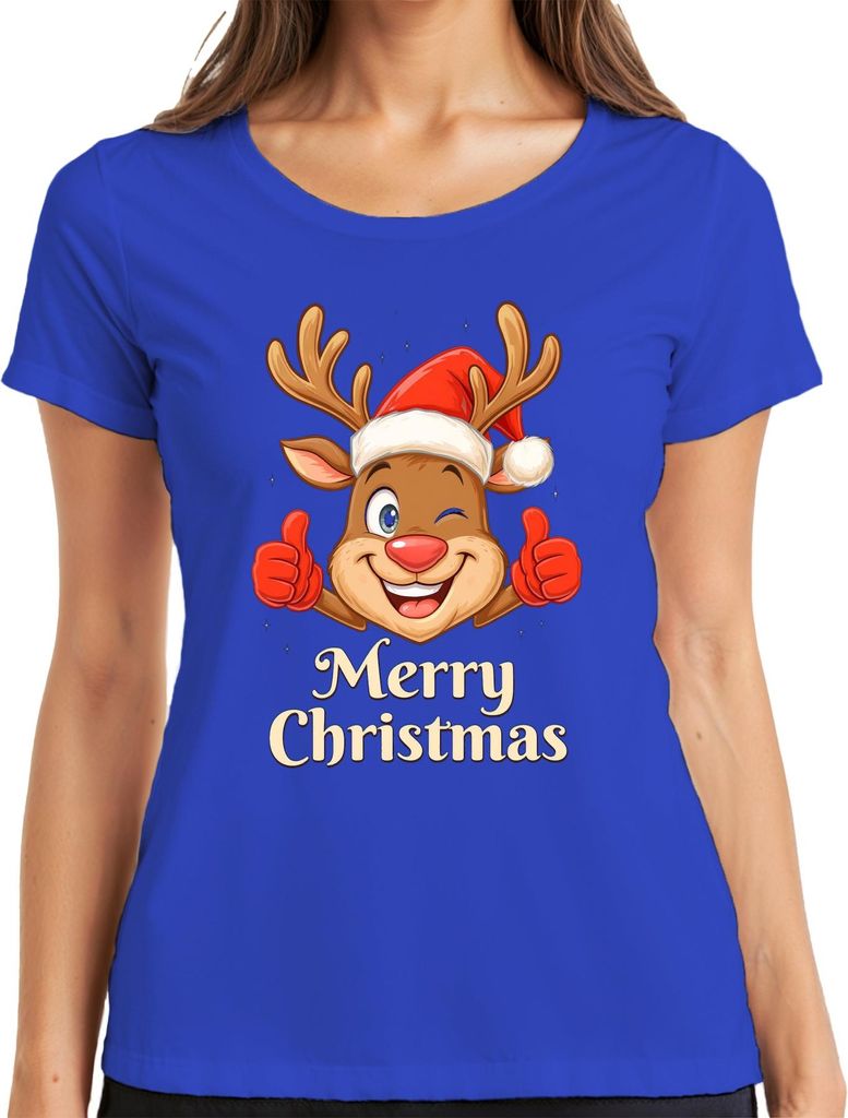 Merry Christmas niedlich Rentier Santa Hut Cartoon Familie Kinder Damen T-Shirt, Blau, M