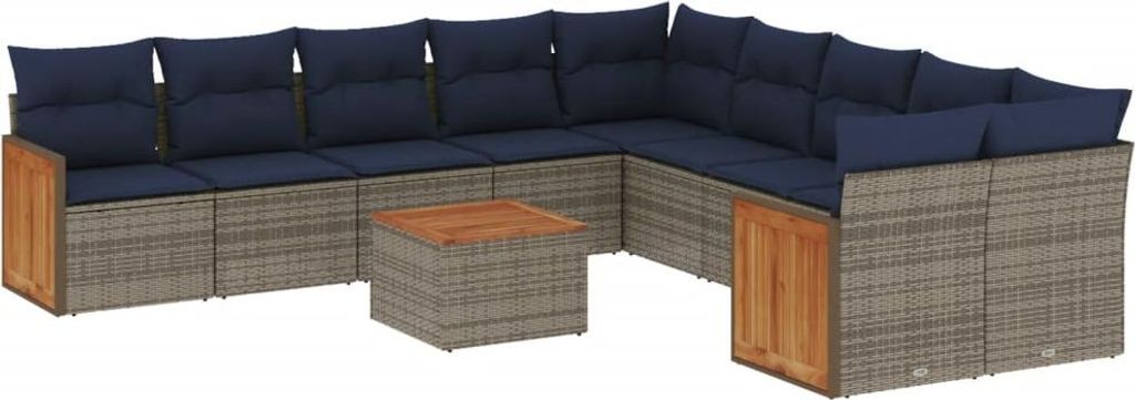 vidaXL 11-teiliges Gartensofa-Set mit Kissen, grau, Polyrattan