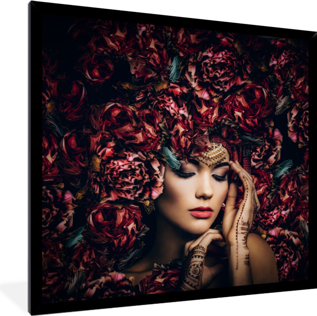 MuchoWow Gerahmtes Poster Frau - Blumen - Henna - Porträt 40x40 cm - Poster mit Schwarzem Bilderrahmen Wandposter Rahmen Foto Bilder - Mit Rahme...