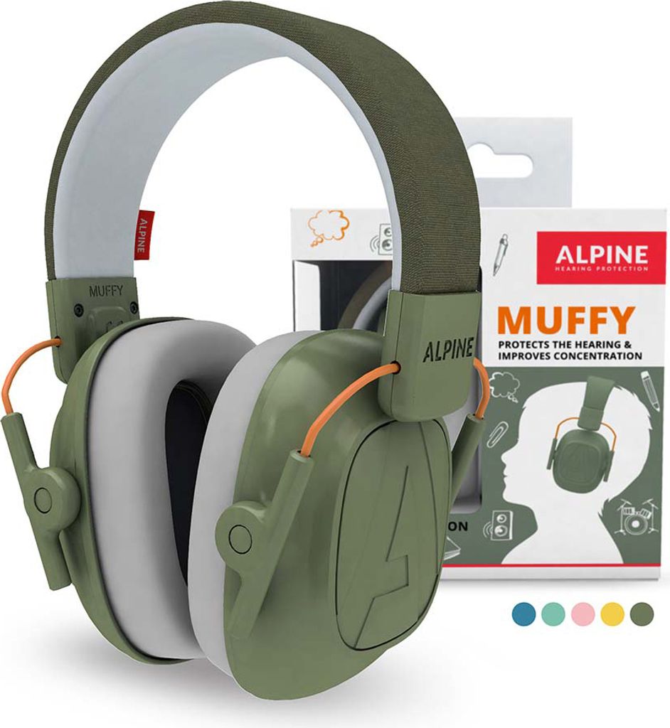 A pair of green Alpine Muffy hearing protection headphones is shown next to its packaging.