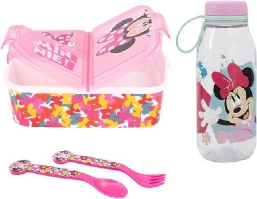 Disney Minnie Maus 4 tlg Lunch Set Brotdose Trinkflasche Besteck