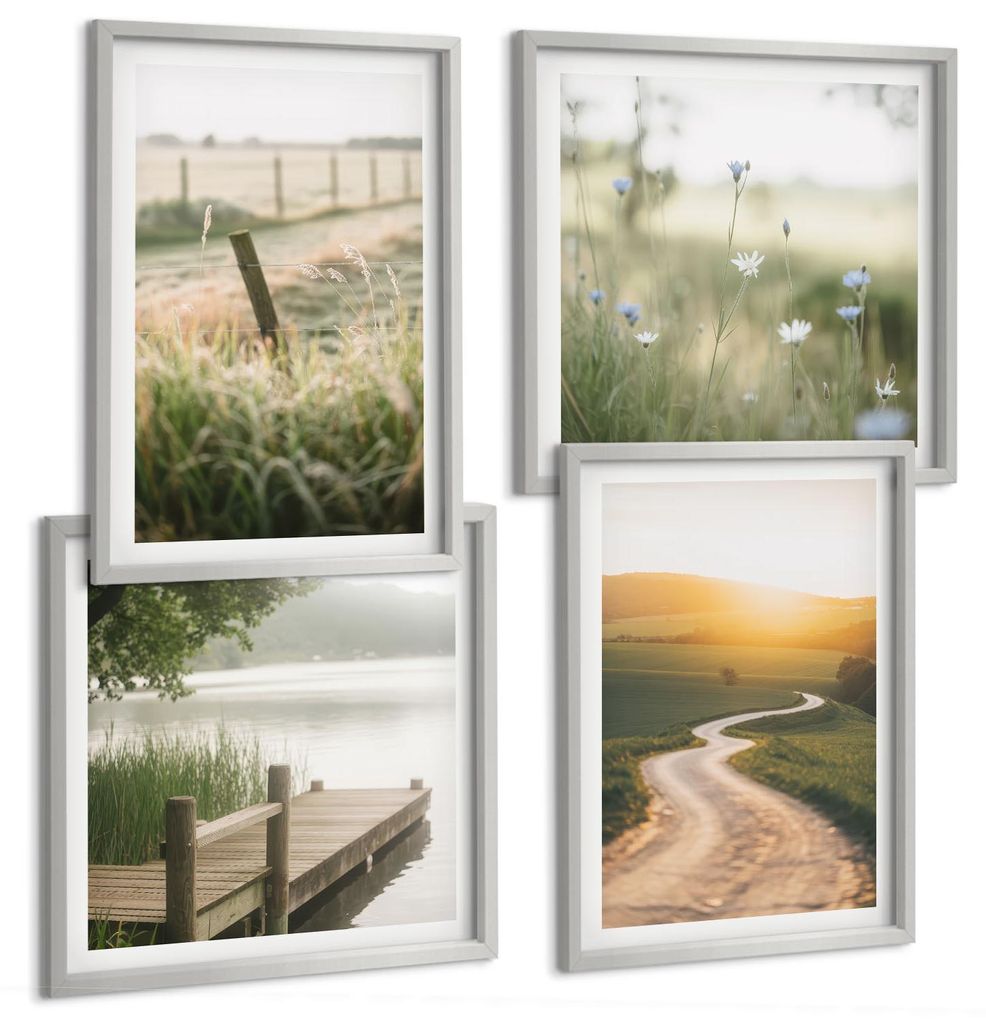 Bilder Set 4-teilig im silbergerahmten Rahmen – Wandbilder 4 Stück – gerahmte Poster für Wohnzimmer, Schlafzimmer und Flur – 50x50 cm - 40x...