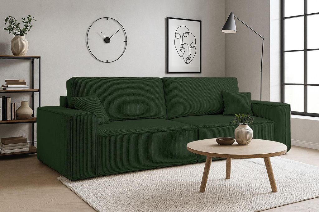 VENASI HUGO Polstersofa mit Schlaffunktion und Bettkasten Couch Sofa Cord Bettsofa Schlafsofa Grün
