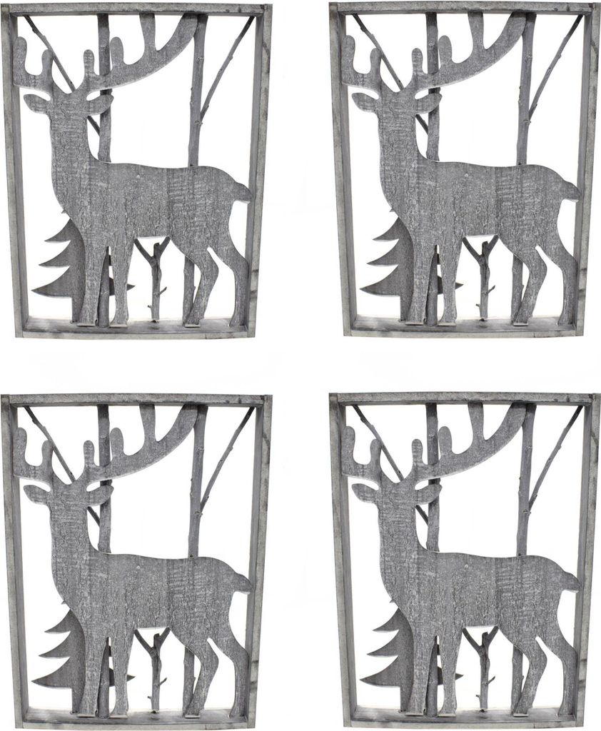 Holz Skulptur Rahmen grau-weiß Hirsch und Tanne 30cm x 40cm 4 Stück
