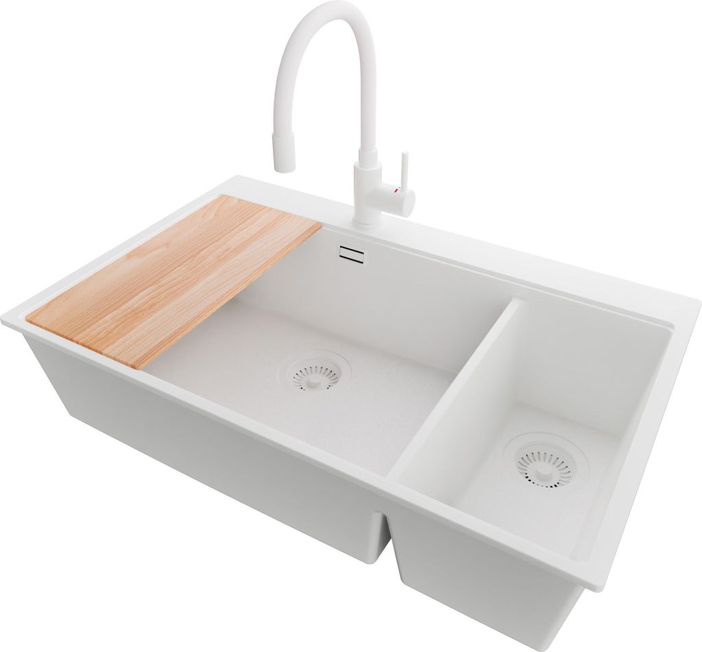 PRIMAGRAN Granitspüle Alles Weiß 78x50cm, Spülbecken 2 Becken + Küchenarmatur 38x14cm + Ablauf-Set + Schneidebrett, Küchenspüle ab 80er Unter...