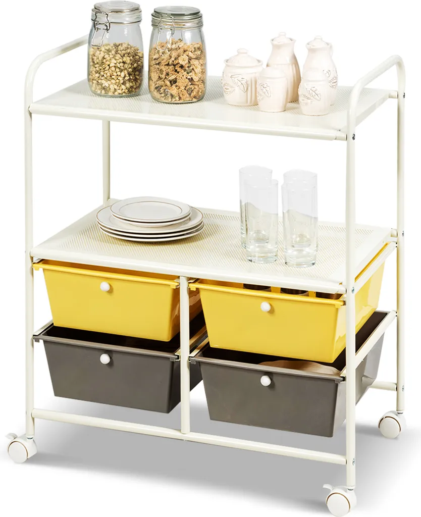 COSTWAY Chariot de Rangement à 4 Tiroirs Jaune avec Roulettes 63,5cm