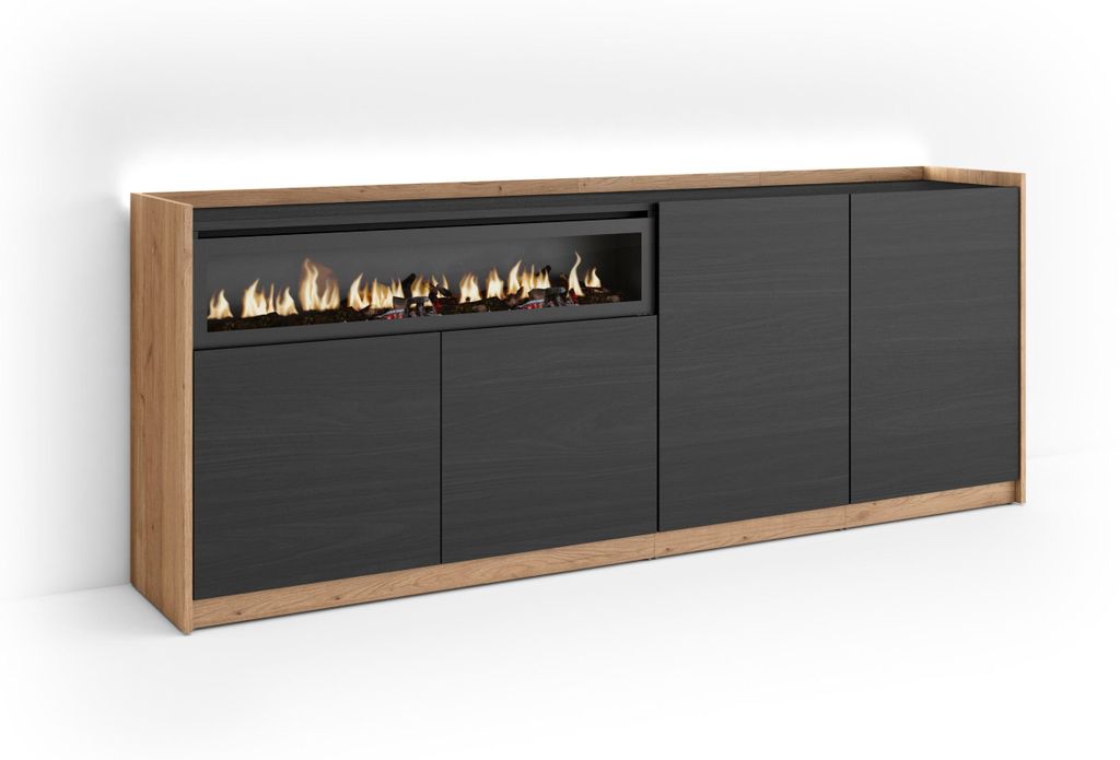 Sideboard Holzeffekt schwarz eiche 207x37x80cm Kamin mit Feuereffekt