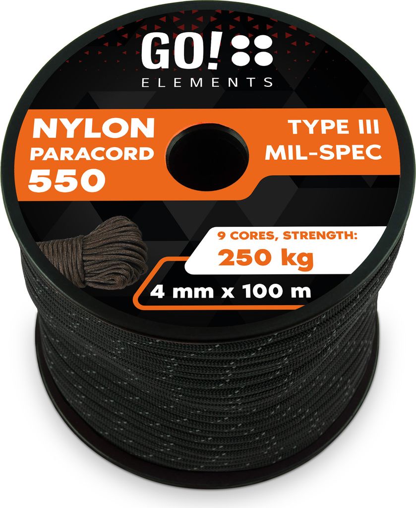 GO!elements 100m Paracord Seil aus reißfester Nylonschnur - 4mm Paracord 550 Typ III Schnur - geeignet als Allzweckseil & Reepschnur - Max. 250kg,...