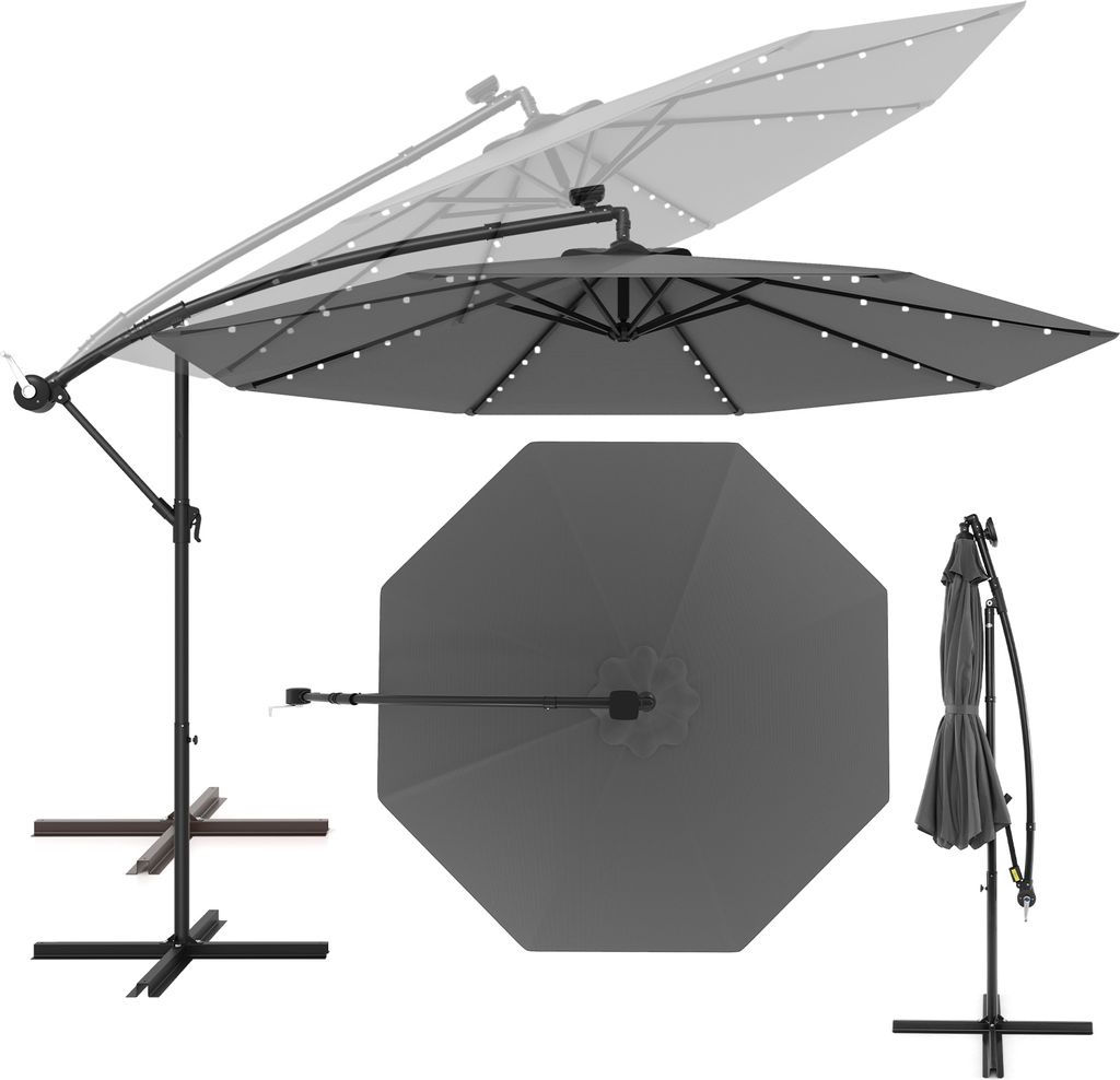 KOMFOTTEU 3 m Sonnenschirm mit LED, Terrassenschirm mit UV-Schutz & Kreuzfuß, Kurbelschirm neigbar, Marktschirm Gartenschirm für Hof, Pool
