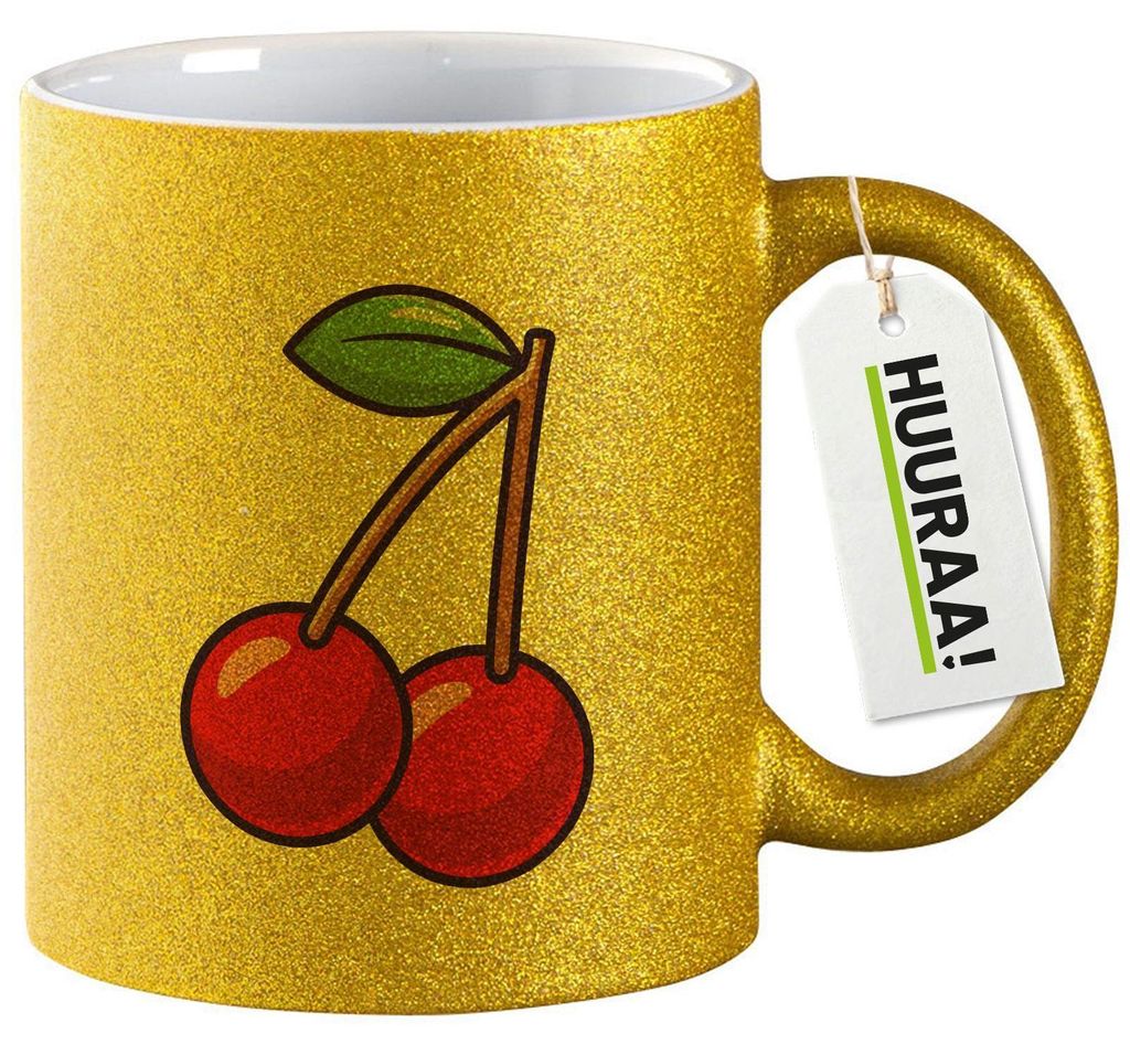 Huuraa Glitzertasse Kirsche Comic 330ml Gold Keramik Kaffeebecher Geschenkidee