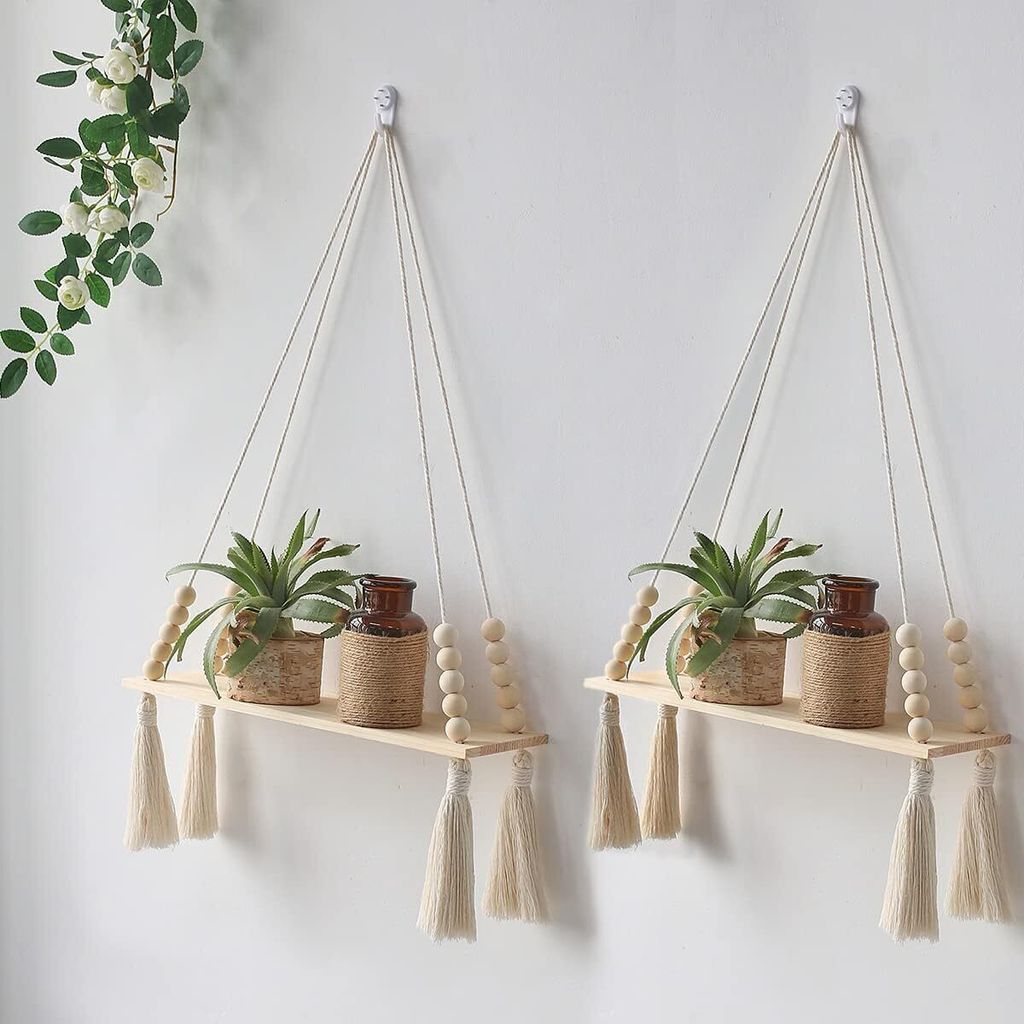 2er Set Makramee Wandregal Holz Hängeregal Wandregal Boho Wanddeko Baumwollseil mit Holzperle Quasten Schweberegal Pflanzenregal Wall Shelf Balkon...