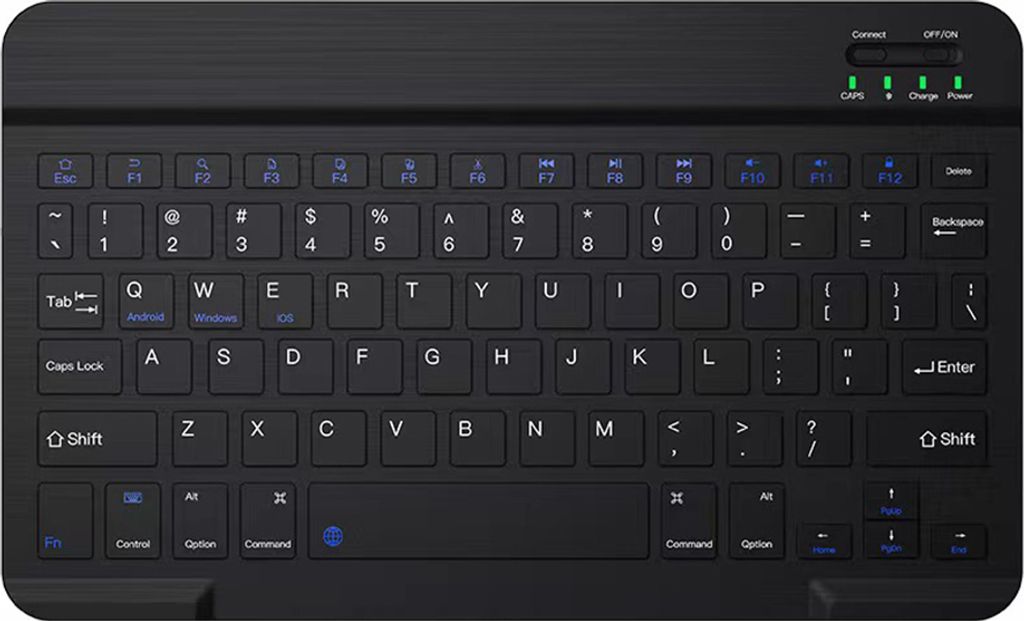 A black portable Bluetooth keyboard is shown from a top-down perspective on a light gray background.