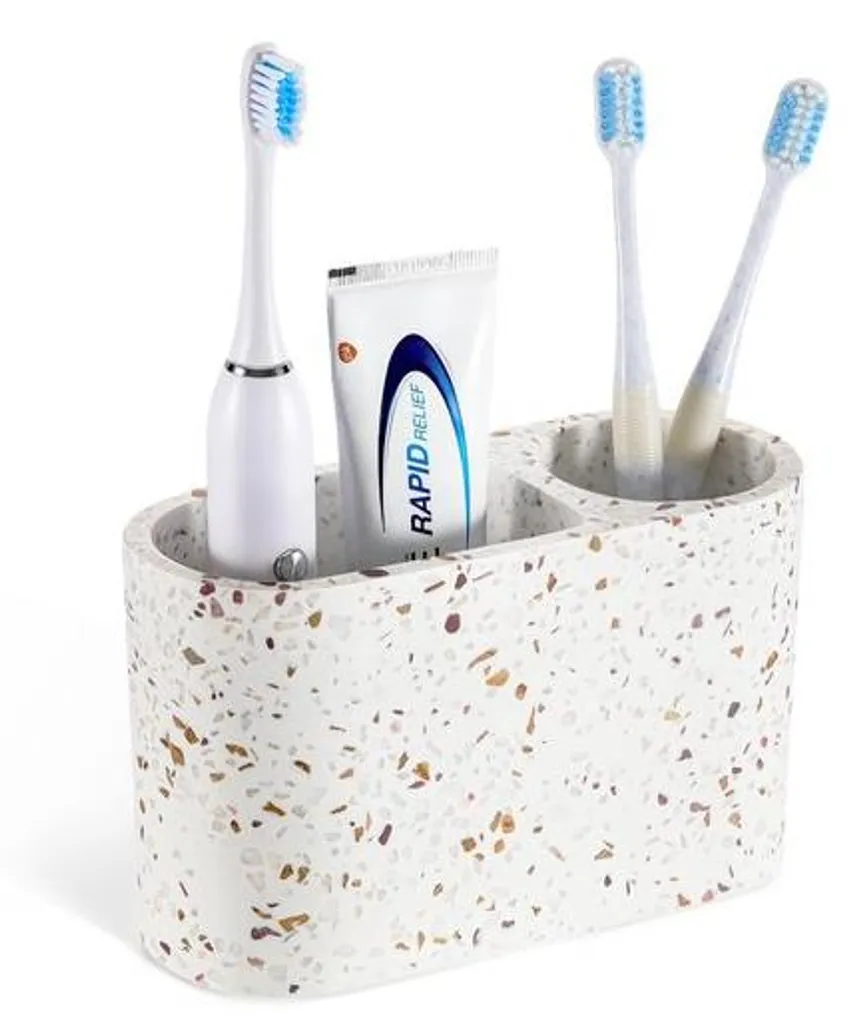 Rangement salle de bains terrazzo pour brosses à dents et dentifrice