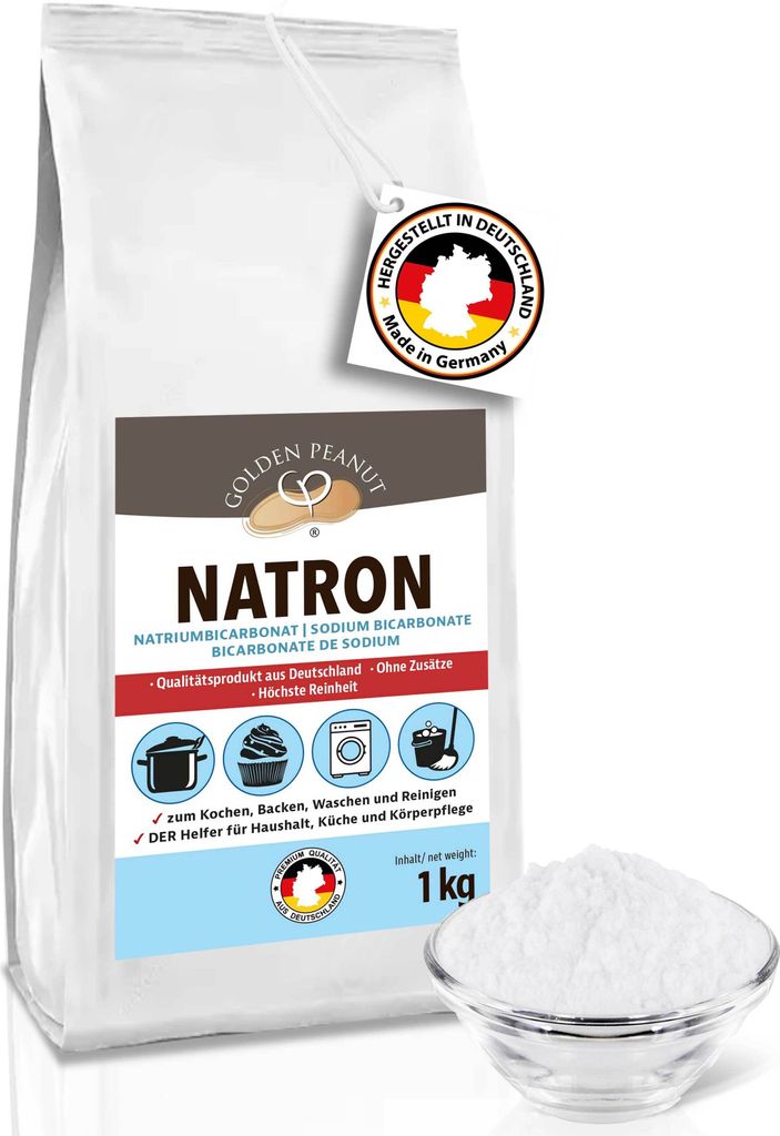 GOLDEN PEANUT Natron Pulver 1 kg - Natriumhydrogencarbonat, Backsoda, Backpulver, Wasch-Soda, Lebensmittelqualität aus Deutschland