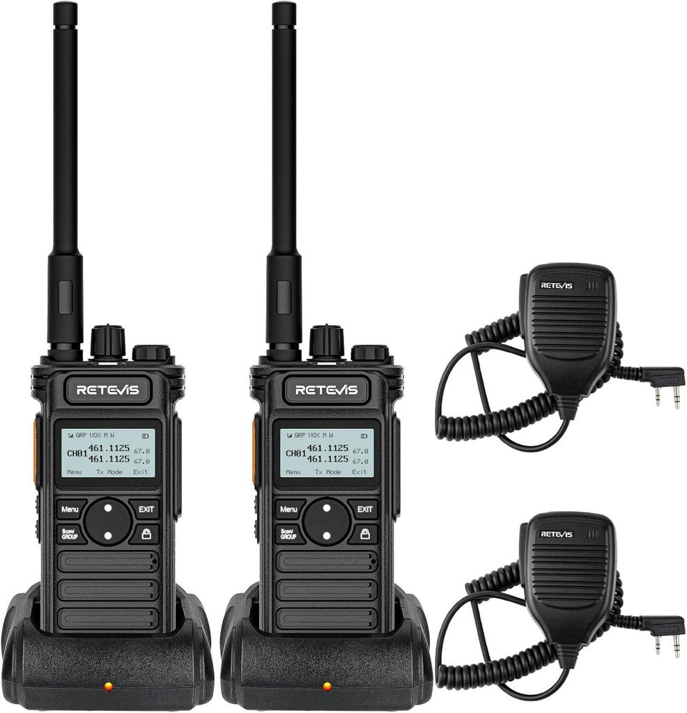 Two black Retevis walkie-talkies are shown in their charging docks, with two separate microphones to the right.