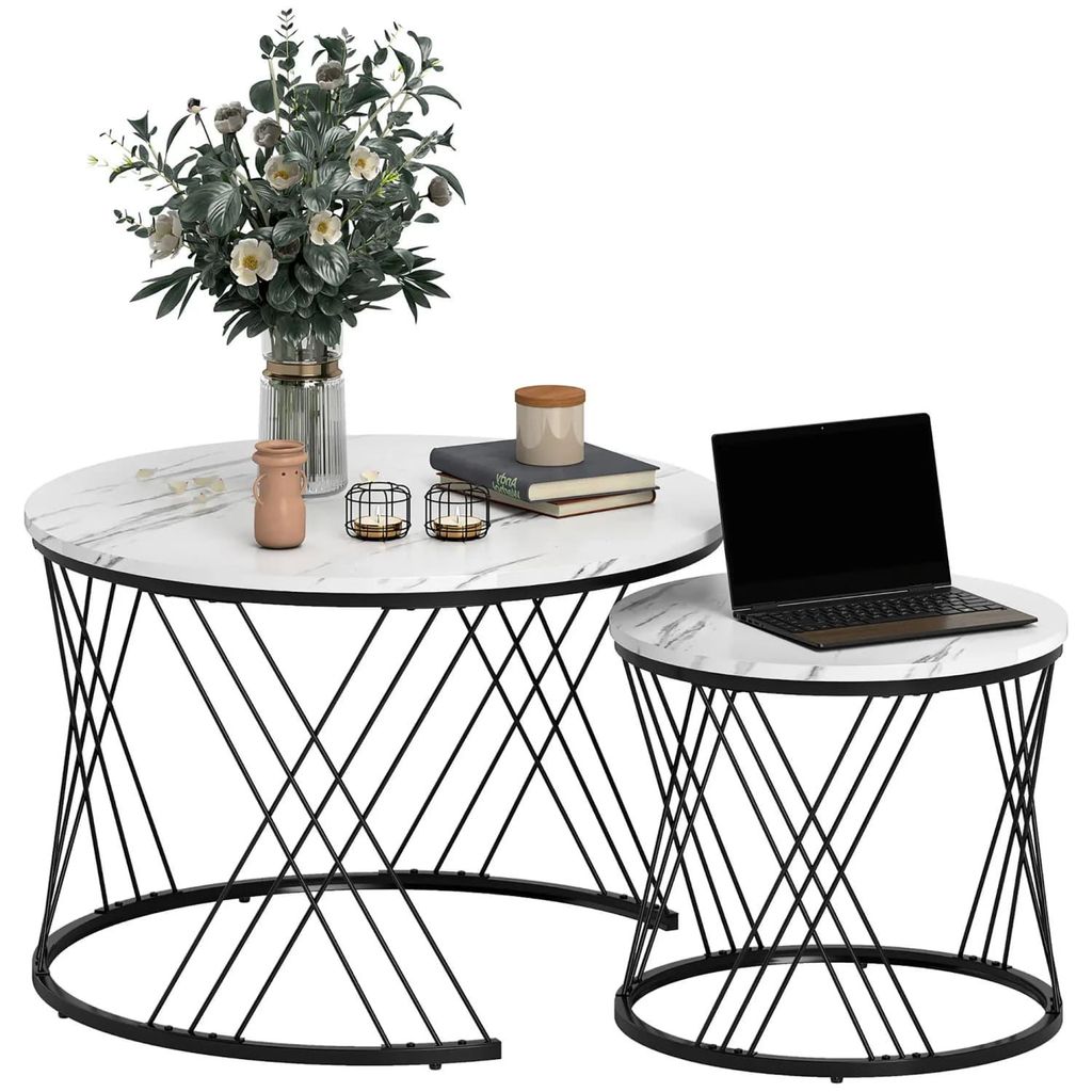 Couchtische im 2er-Set, Marmoroptik, Spanplatte, Metall, runde Kaffeetische für Wohnzimmer, ineinanderstellbar, Weiß