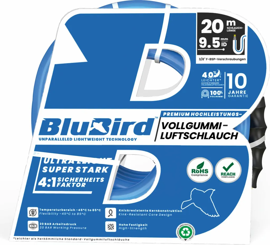 Set Tubo BluBird 20m per Aria Compressa - Gomma Blu Alta Qualità