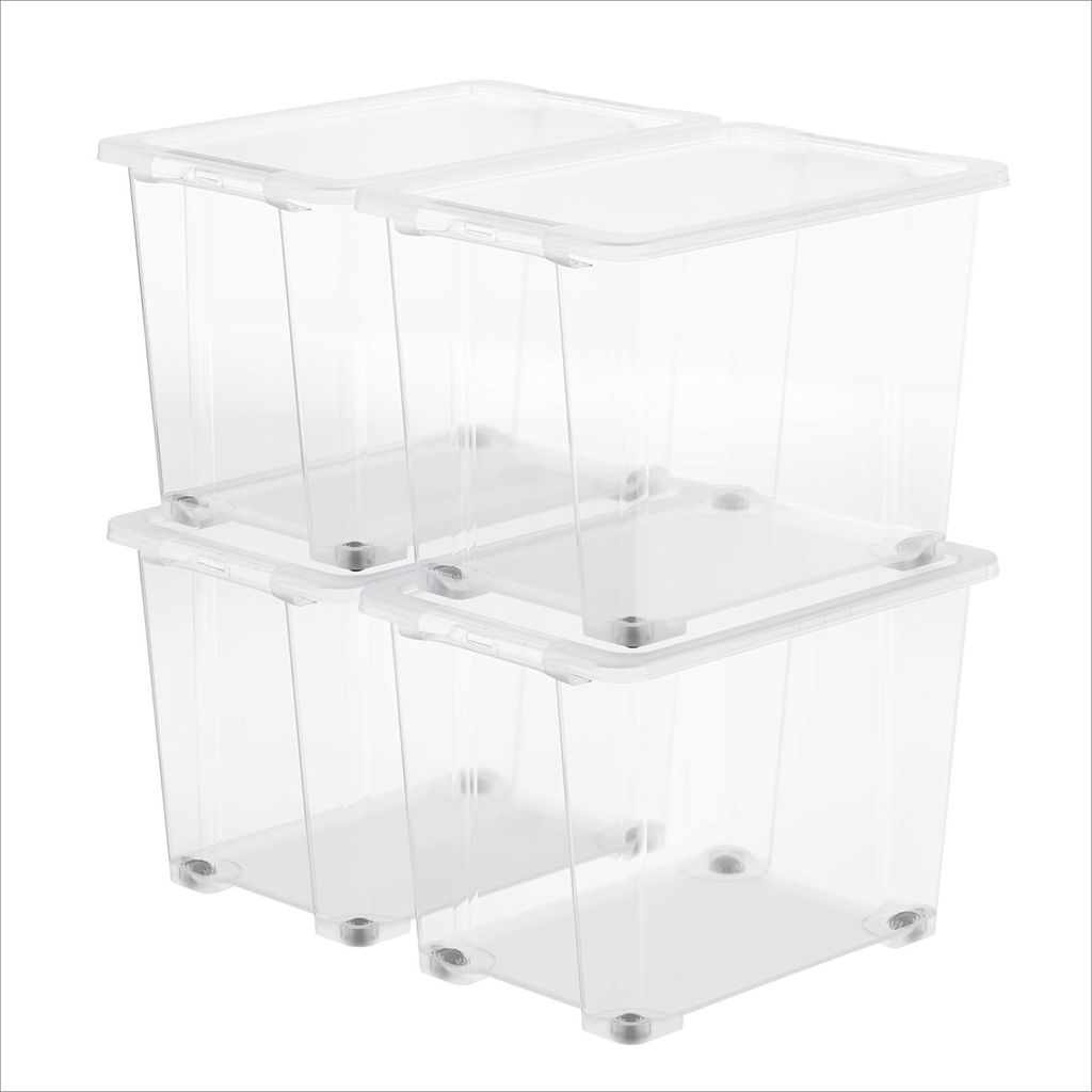 Rotho CORE BASIC 4er-Set Aufbewahrungsboxen 65 l – 58,3 × 39,2 × 41 cm – transparente Kunststoffboxen mit Deckel & Rollen, stapelbar, große ...