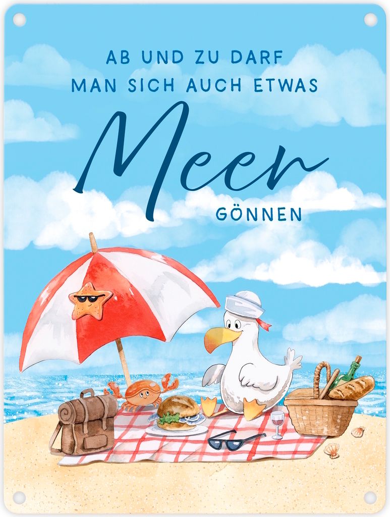 Möwe am Strand Metallschild in 15x20 cm mit Spruch Manchmal Meer gönnen