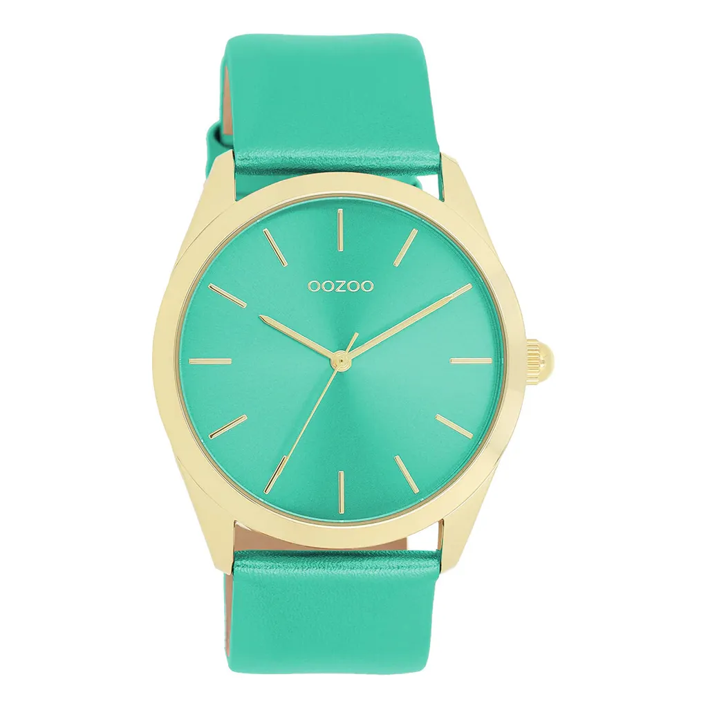 Montre Oozoo anti-irritation cuir véritable femme vert aqua lisible