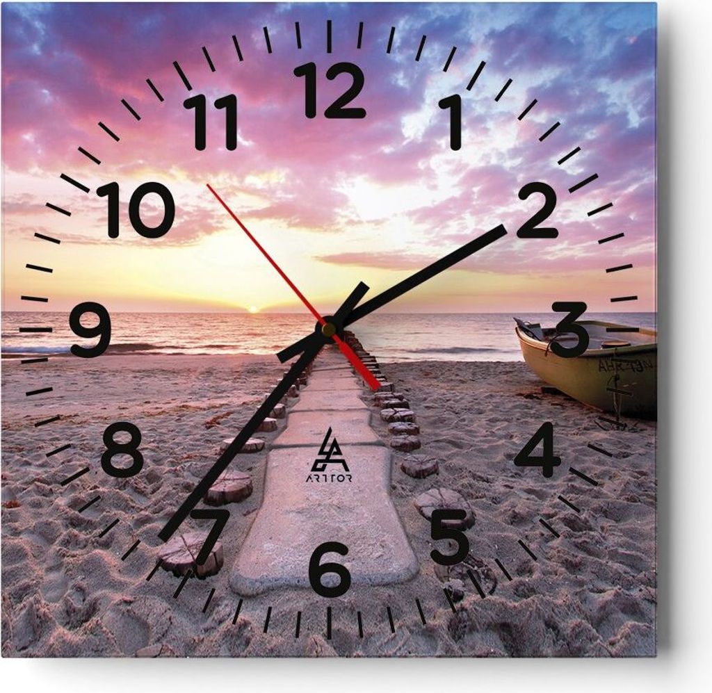 Wanduhr - Quadrat - Glasuhr - Boot Strand Himmel - 40x40cm - Schleichendes Uhrwerk - Lautlos - zum Aufhängen bereit - Dekoration Modern - Wanddeko...