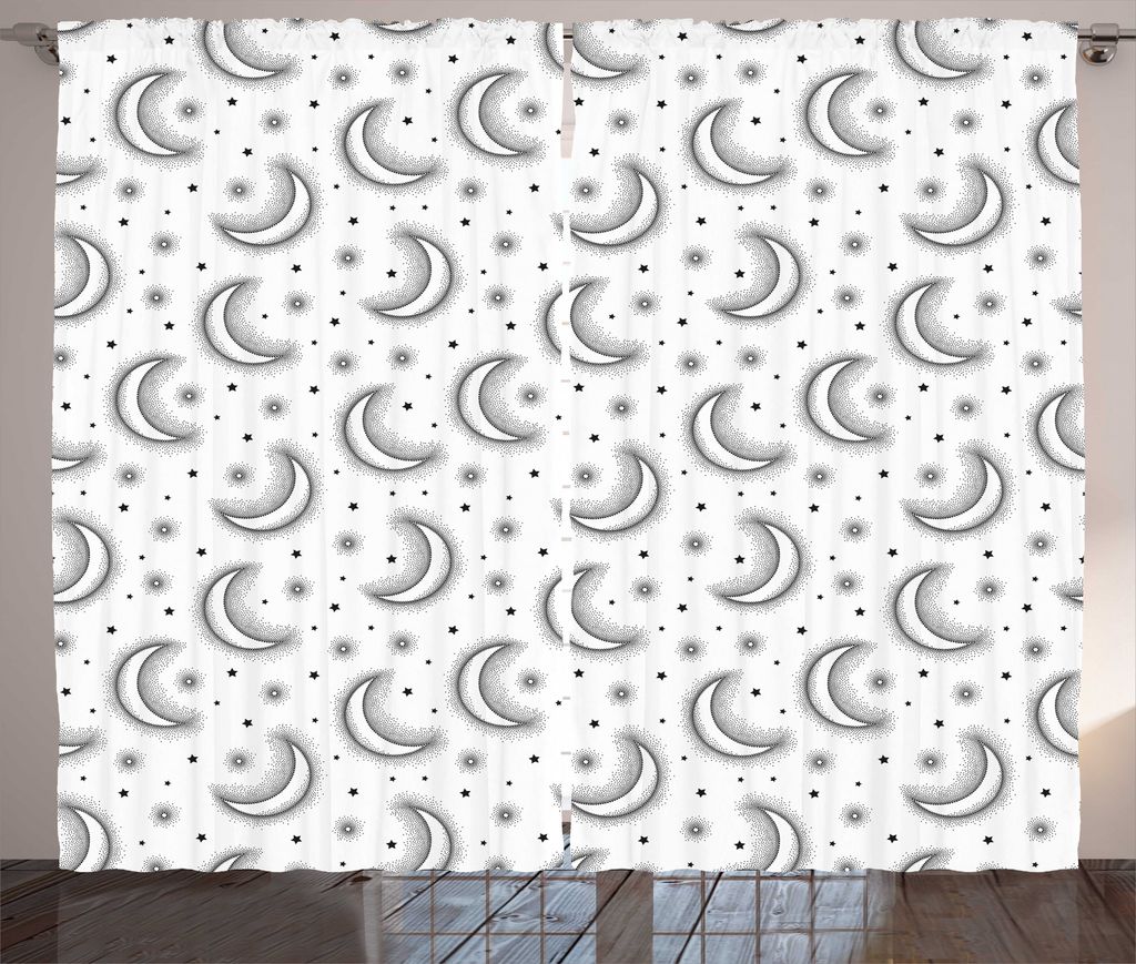 ABAKUHAUS Mond Rustikaler Gardine, Dotwork Crescent Phase Sterne, Wohnzimmer Universalband Gardinen mit Schlaufen und Haken, 280 x 225 cm, Charcoal...