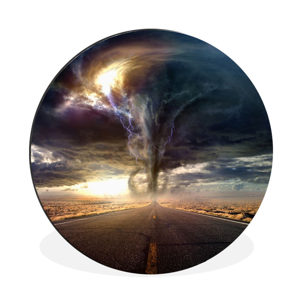 MuchoWow Aluminium Wandkreis Tornado auf Wüstenstraße Ø 30 cm Wanddeko Modern Wohnzimmer - Wand Bild - Wohnzimmer - Runde Bilder - Alubilder -...
