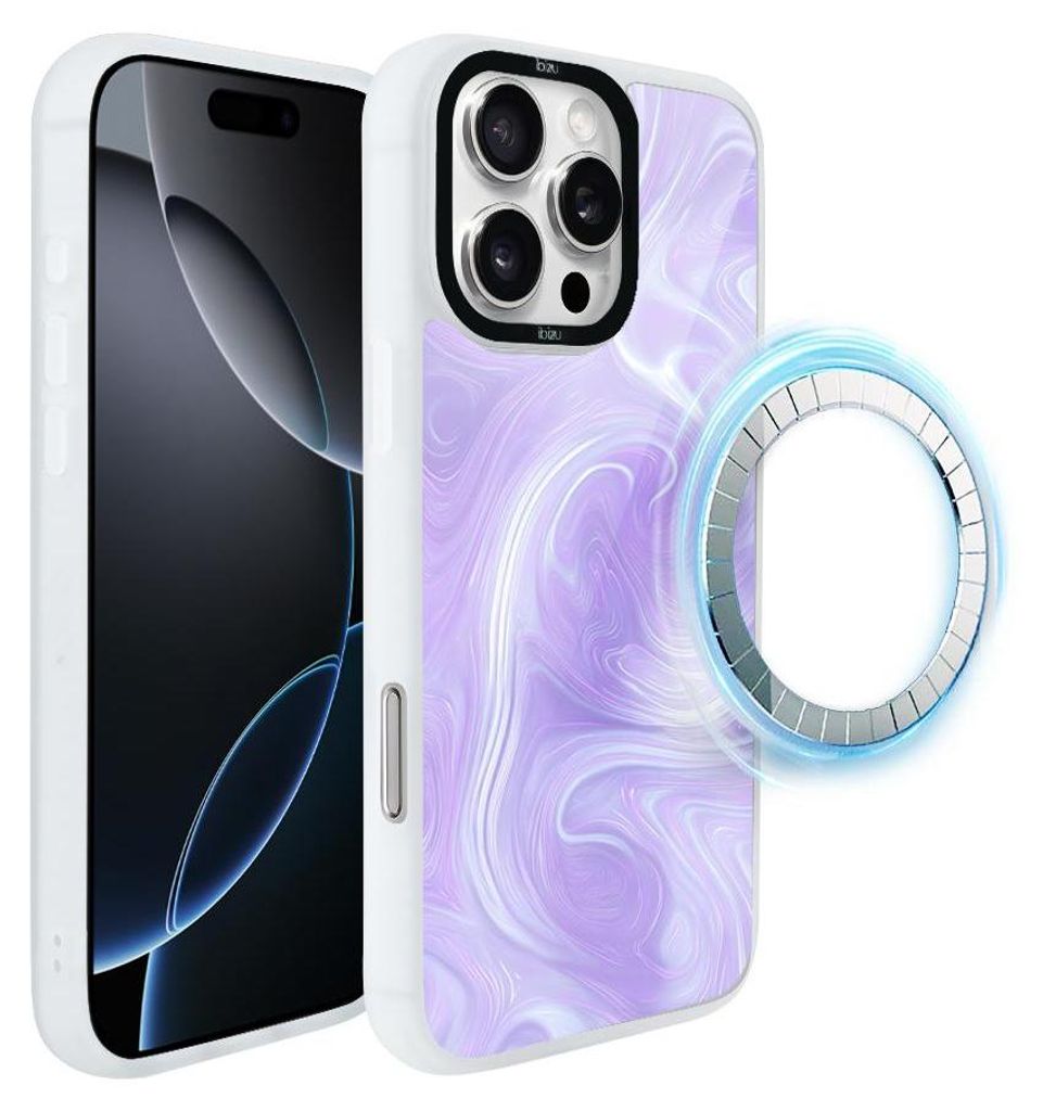 Schutzhülle für das iPhone 16 Pro Max, MagSafe-kompatibel, mattweiße Seiten, violettes Muster, Wirbel