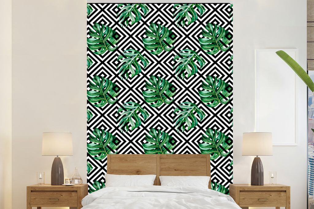 MuchoWow Fototapete für Wohnzimmer oder Schlafzimmer Wandtapete Vinyl Motivtapete Jahrgang - Monstera - Muster - 200x300 cm - Wanddekorationen