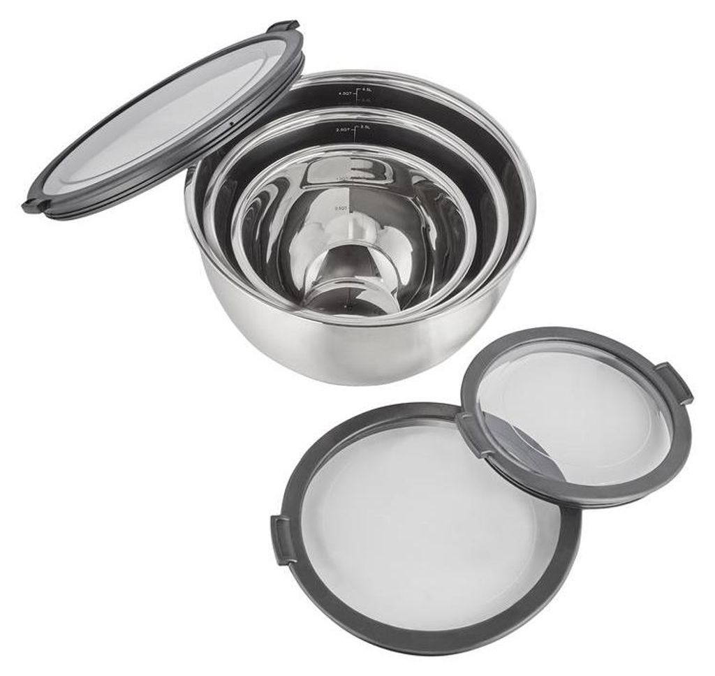 2x Schüssel Set, 3-teilig, Ø 11/13/15 cm, 3 Deckel, rutschhemmender Boden, Chromnickelstahl, Silikon