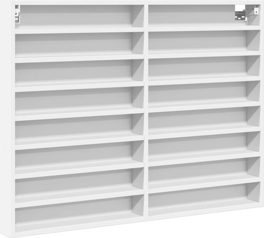A white, empty display cabinet with multiple shelves.