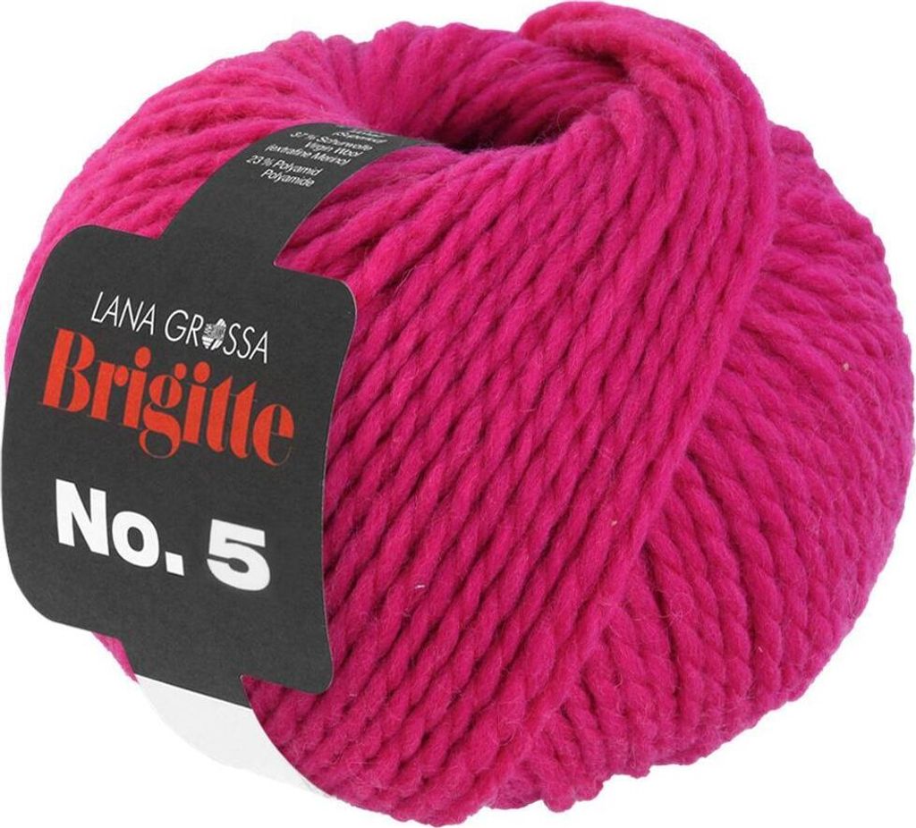 A ball of fuchsia-colored yarn with a black label.