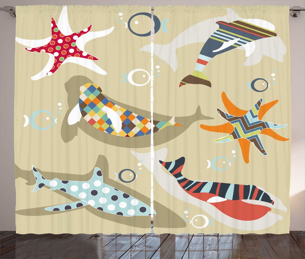 ABAKUHAUS Wale Rustikaler Gardine, Starfish Dolphin Seal Blase, Schlafzimmer Kräuselband Vorhang mit Schlaufen und Haken, 280 x 225 cm, Grau Gelb ...