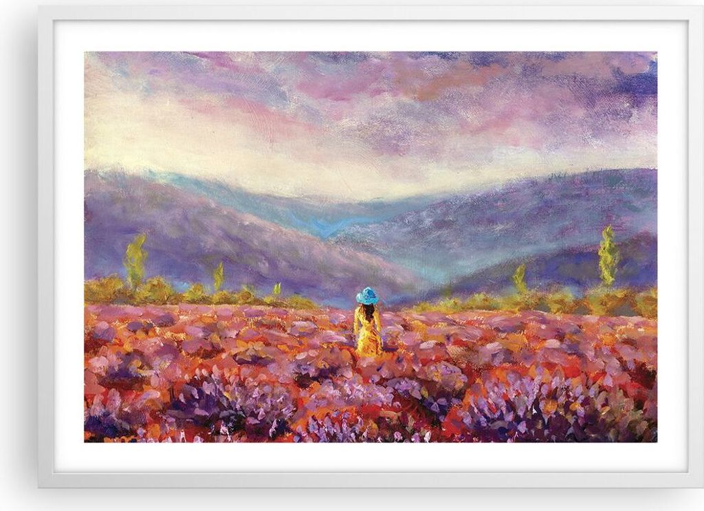 Gerahmtes Poster - Weißer Rahmen - Feld Frau Landschaft - 70x50 cm - Wand Bild - Wanddeko - Wandbilder - Kunstposter - Wandposter - Bilderrahmen -...