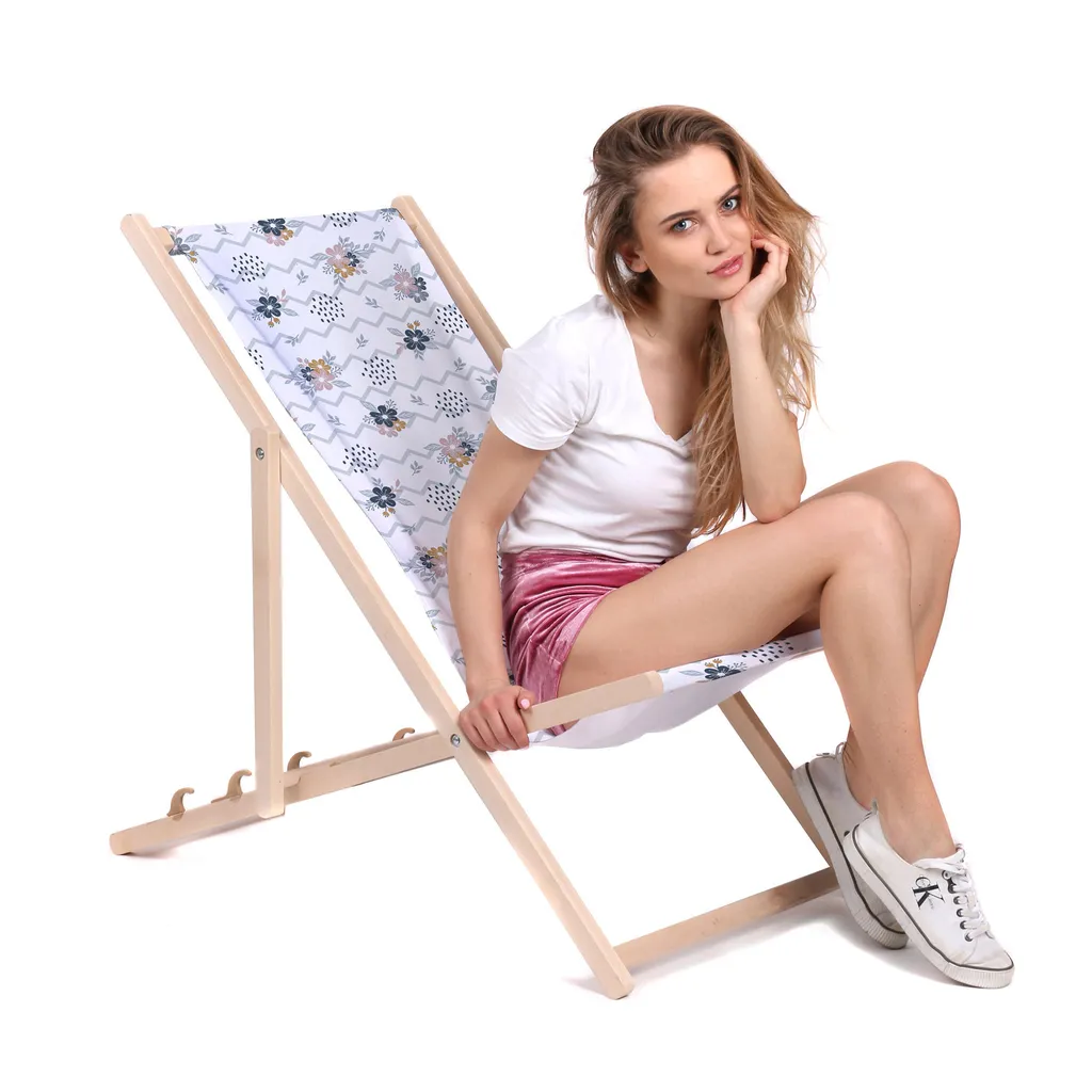 Dreamroots sdraio pieghevole in legno, fino a 130 kg, lettino pieghevole con regolazione dell'inclinazione dello schienale a 3 livelli, chevron e fiori - 2