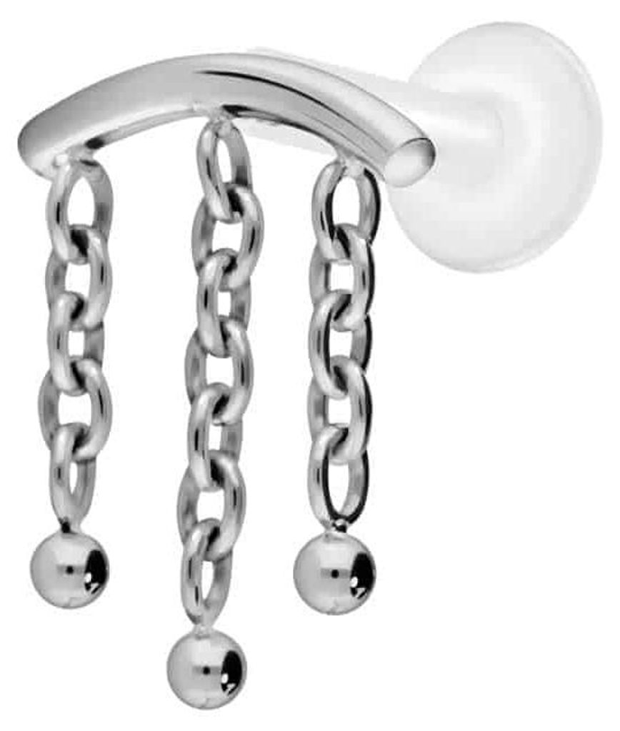 Ohrpiercing, Nasenpiercing PTFE Labret mit Innengewinde + Titan-Aufsatz BOGEN + 3 KETTEN Silber Stablänge: 8mm | Stabstärke: 1,6mm