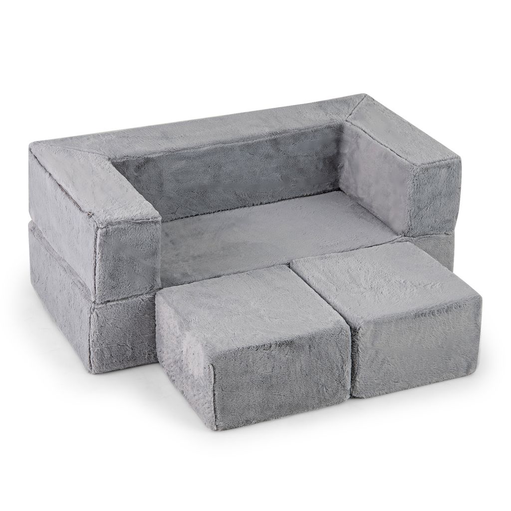 COSTWAY Modulares Kindersofa, Spielsofa aus Schaumstoff mit abnehmbarem Plüschbezug, Ausklappbares Modulsofa für Jungen & Mädchen, Kindersessel