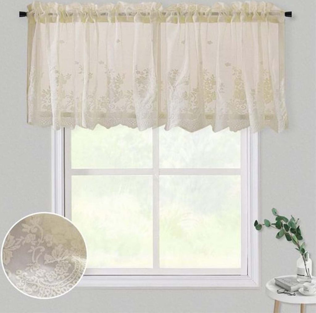 1er Pack Spitze Vorhänge Küche Kurz Transparent Blumen Scheibengardine Bistrogardine, Beige, 130x41 cm