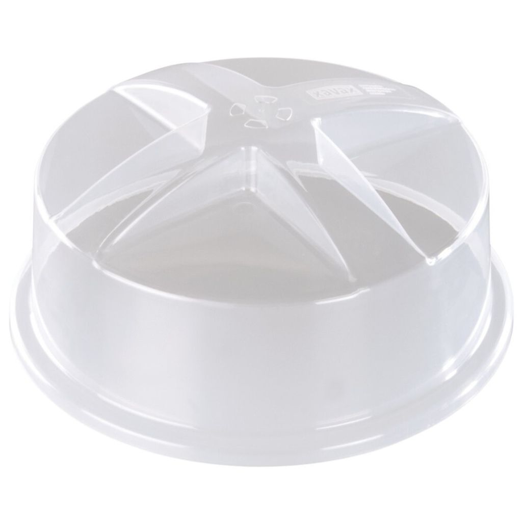 A clear, studio shot of a transparent microwave cover.