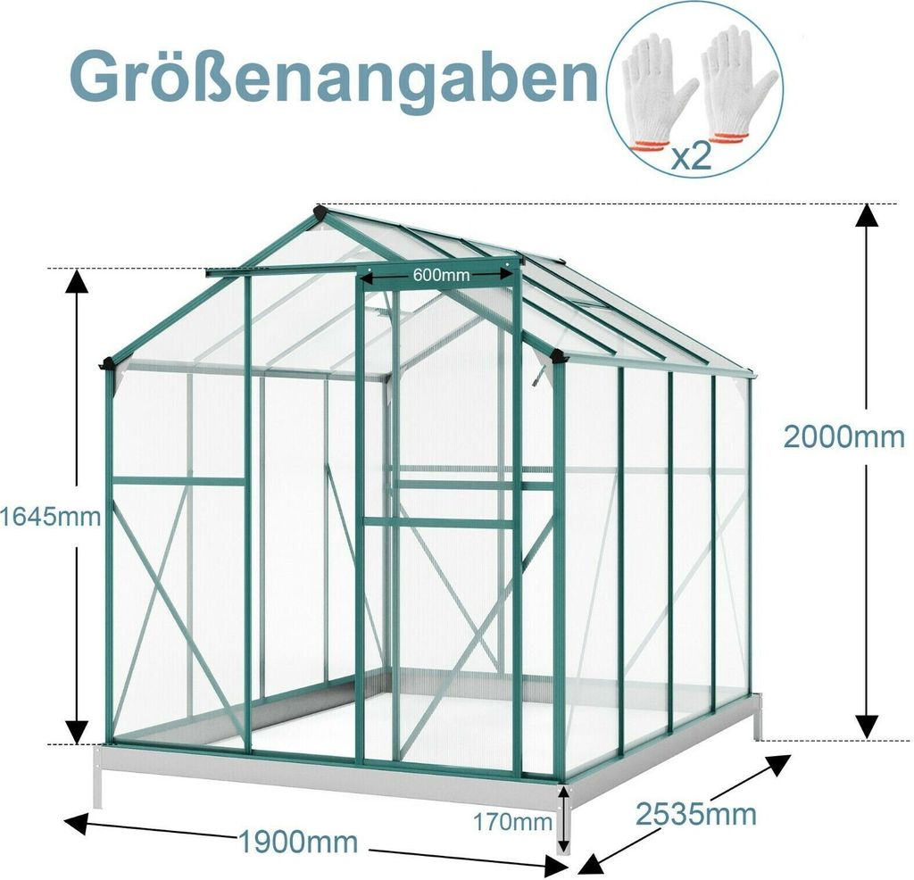 Aluminium Gewächshaus 4,75m² mit Fundament 253x190cm Produktbild 7