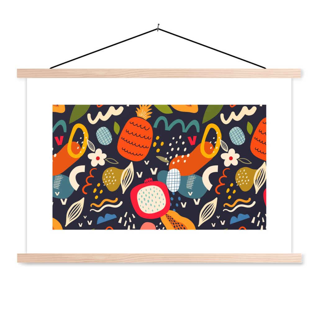 MuchoWow Textilposter Ananas - Obst - Drachenfrucht - Tropisch - Lebensmittel 60x40 cm mit holzfarbenen Rahmen - Bilder